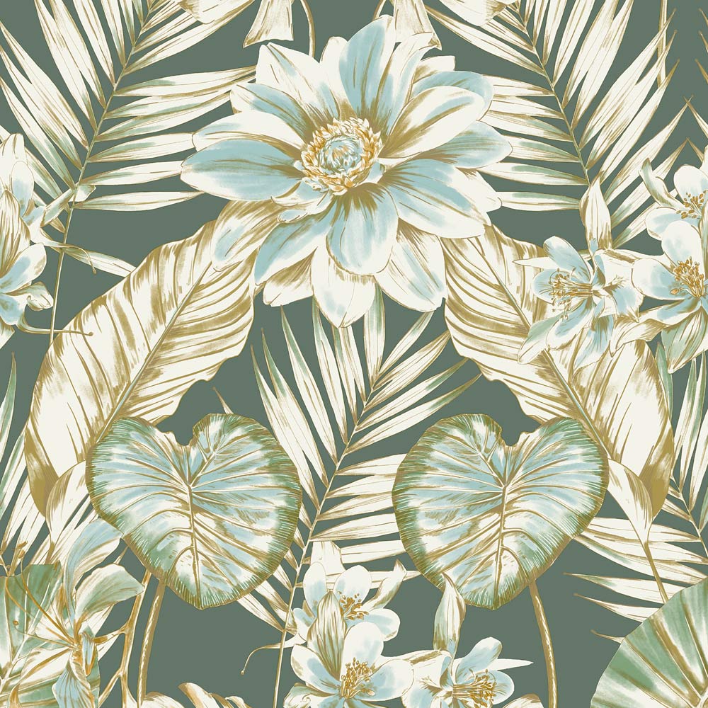 Grandeco Wild Lilies Green Metallic Gold Smooth Wallpaper Image 1