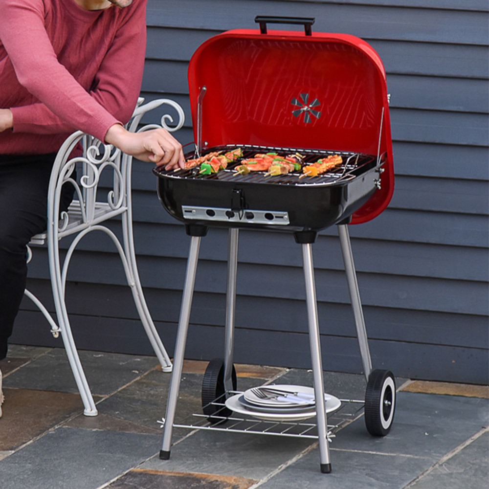 Outsunny Red and Black Charcoal Trolley BBQ Grill with Lid Image 2