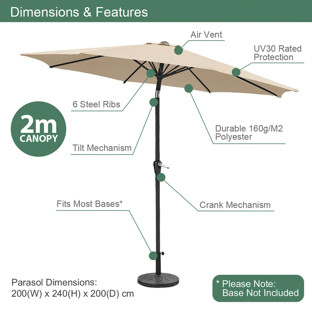 GardenKraft Beige 6 Ribs Crank and Tilt Parasol 2m Image 9