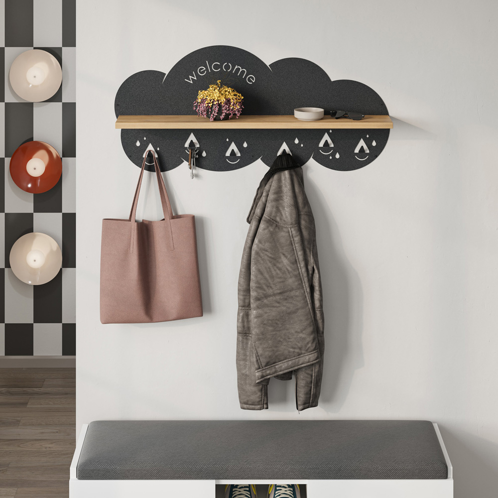 Decortie Cloudy 84cm Oak Modern Wall Mounted Floating Shelf with 6 Hook Image 2