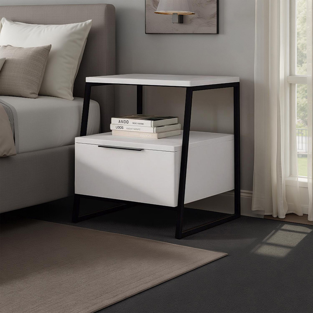 FWStyle Pal Single Door Single Shelf White Bedside Table Image 5