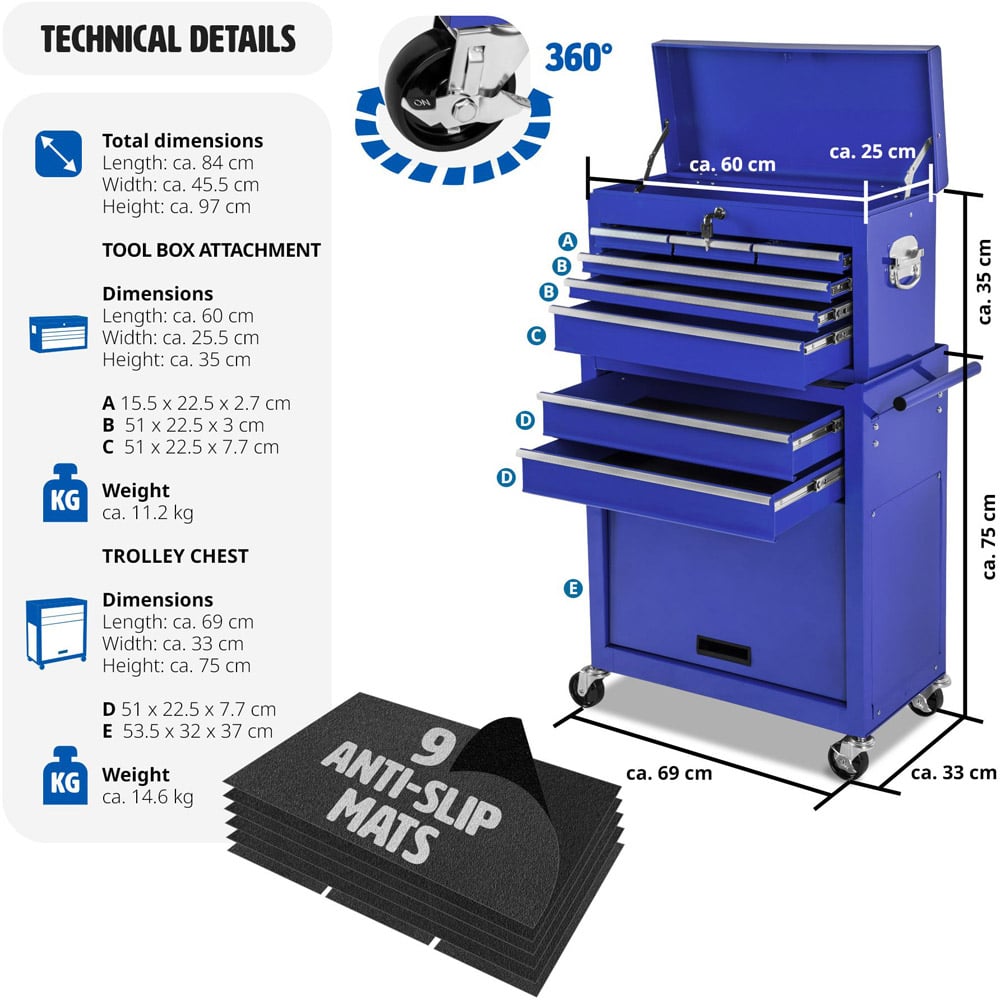 tectake 8 Drawer Blue Tool Chest of Drawers with Wheels Image 9