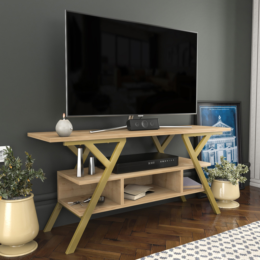 Decorotika Minerva Decorative 4 Open Shelf Gold and Oak TV Unit Image 6