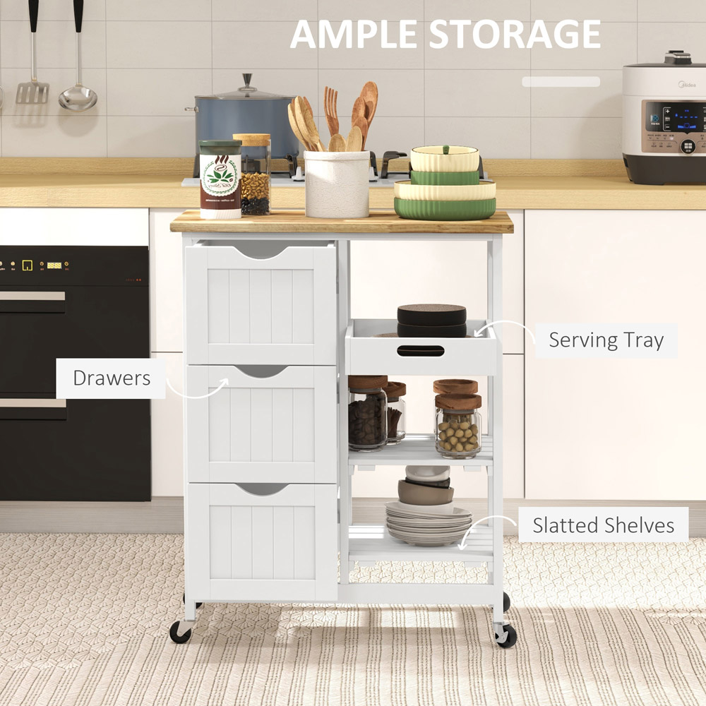 HOMCOM 3 Drawer 3 Shelf White Rolling Kitchen Island Cart Image 5