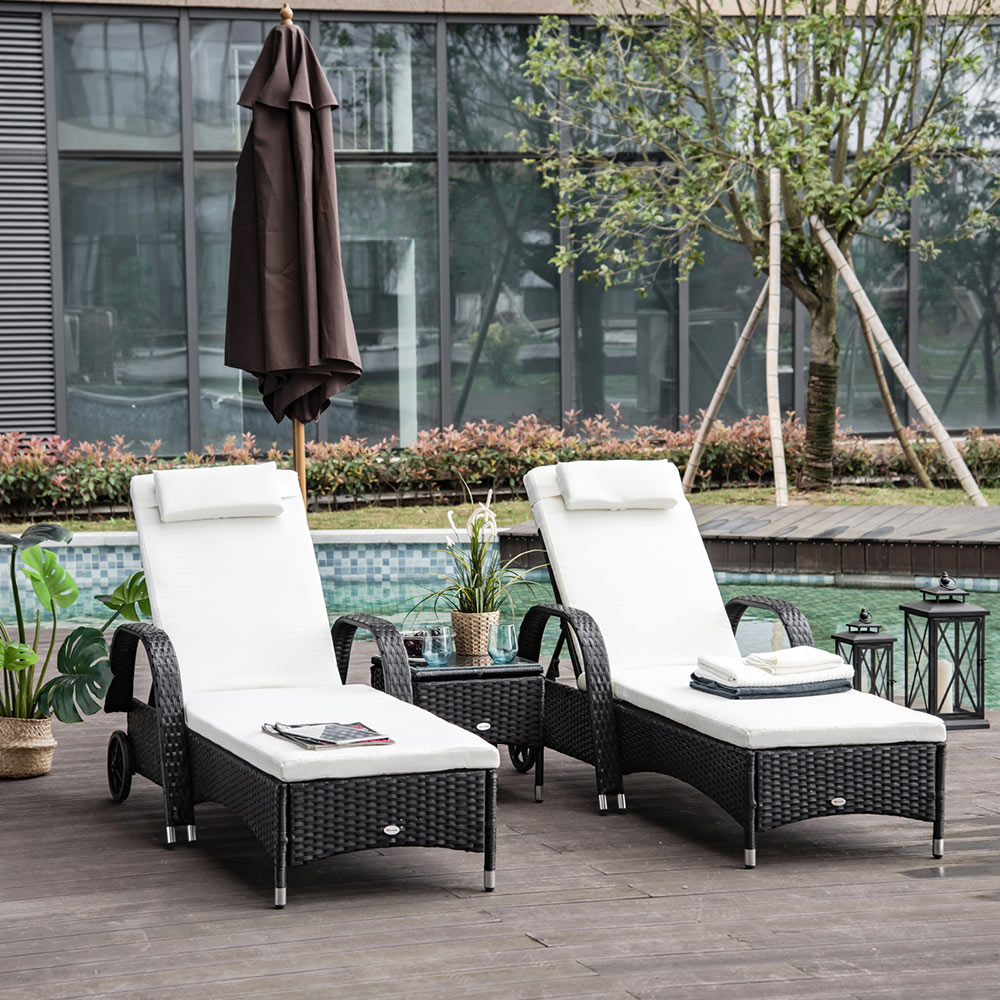 Outsunny Set of 2 Black Rattan Sun Lounger Set with Table Image 1