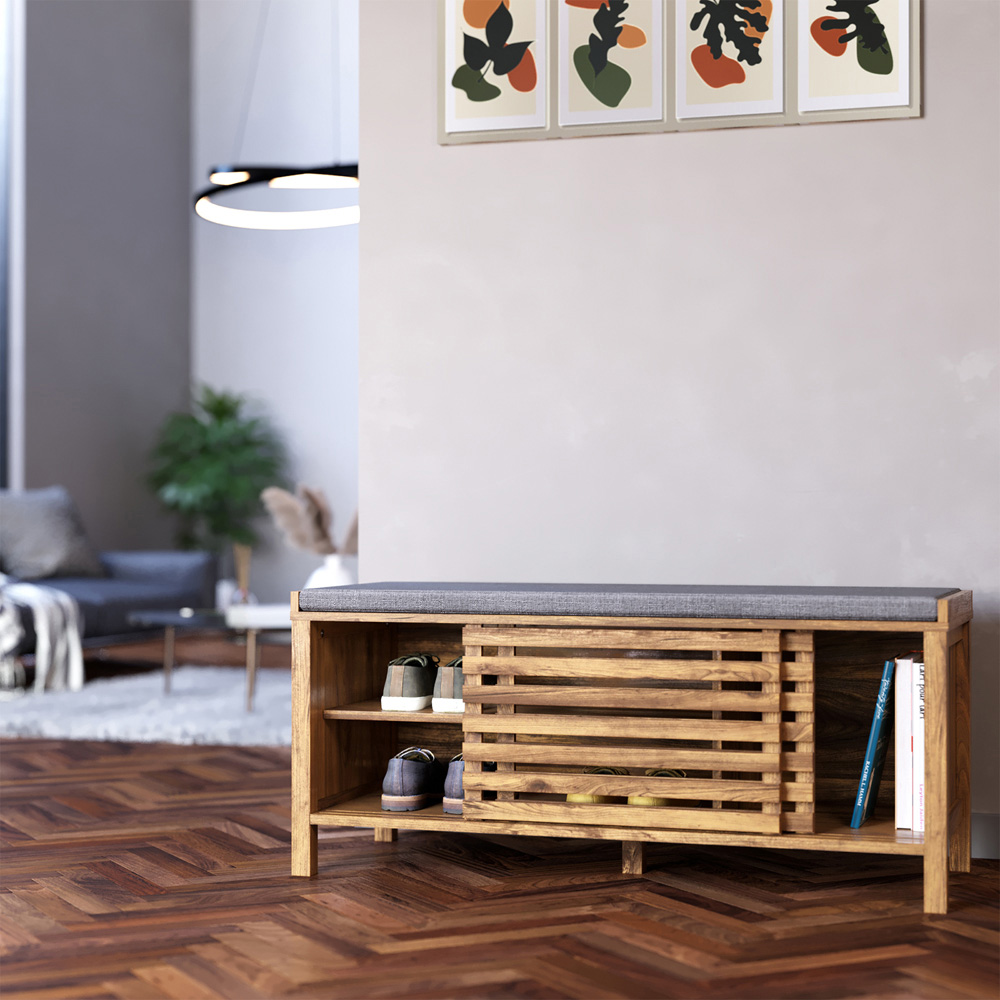 Flexi Storage Erik 2 Door Mango Wood Effect Slatted Hallway Bench with Cushion Image 8