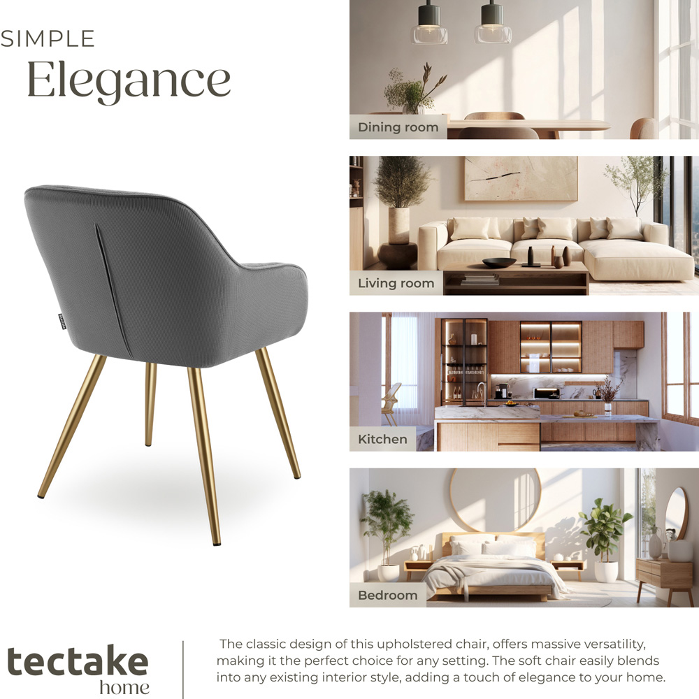 tectake Marilyn Grey and Gold Corduroy Padded Dining Chair Image 7