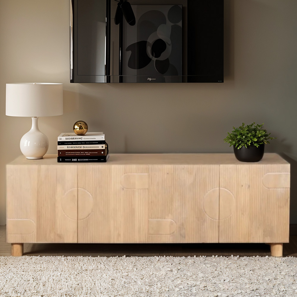 IH Design Ajmer 4 Door Solid Wood Large Low Board TV Cabinet Image 1