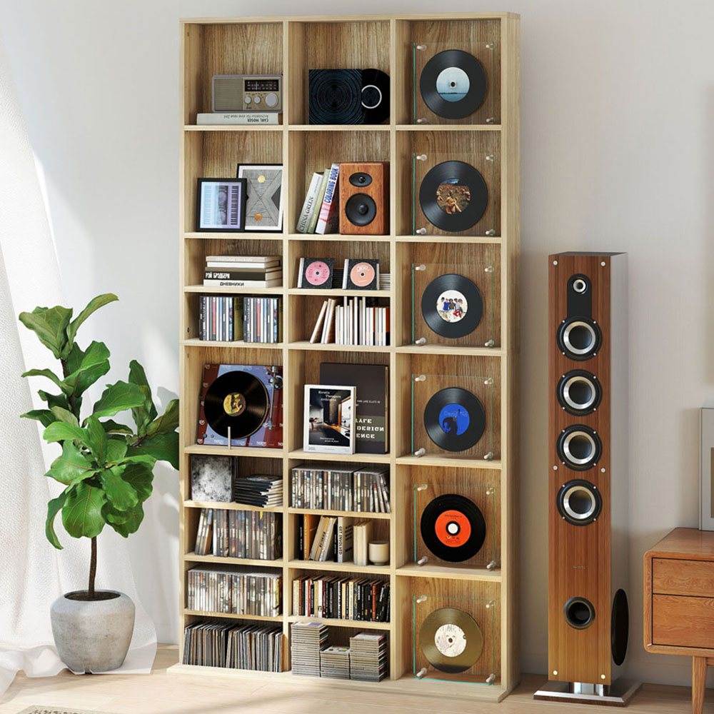 HOMCOM 36 Shelf Oak Tone Large DVD and CD Media Storage Unit Image 1