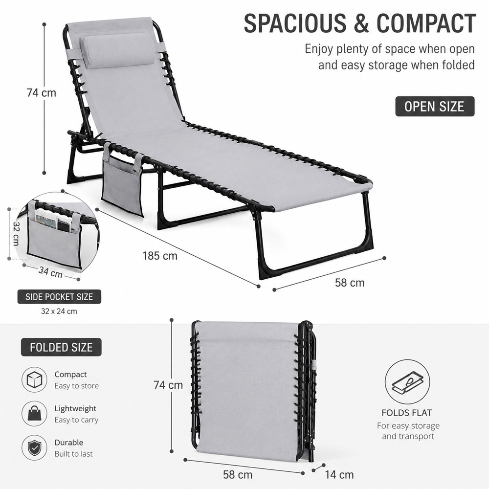 Shatchi Grey Foldable Sun Lounger with Adjustable Backrest Image 9