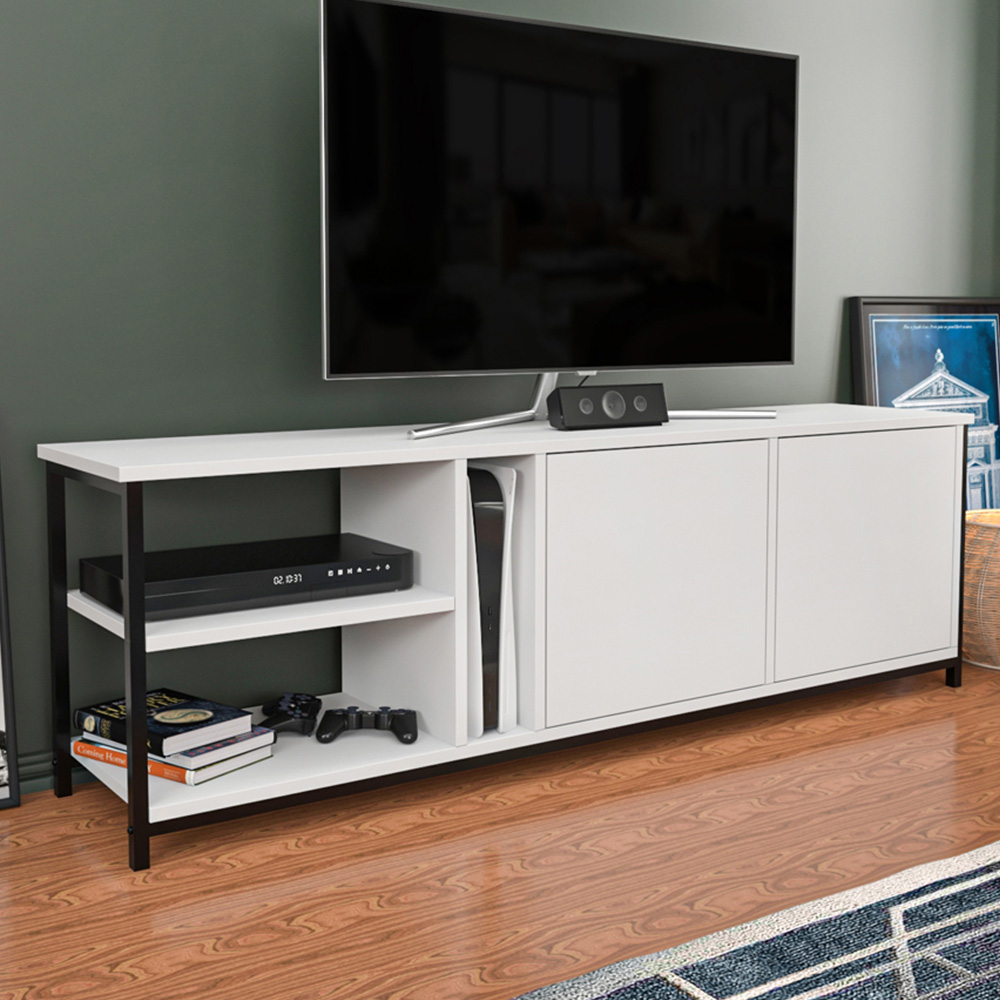 Decorotika Primrose 2 Door 3 Shelf Black and White TV Stand for 72 inch TV Image 1