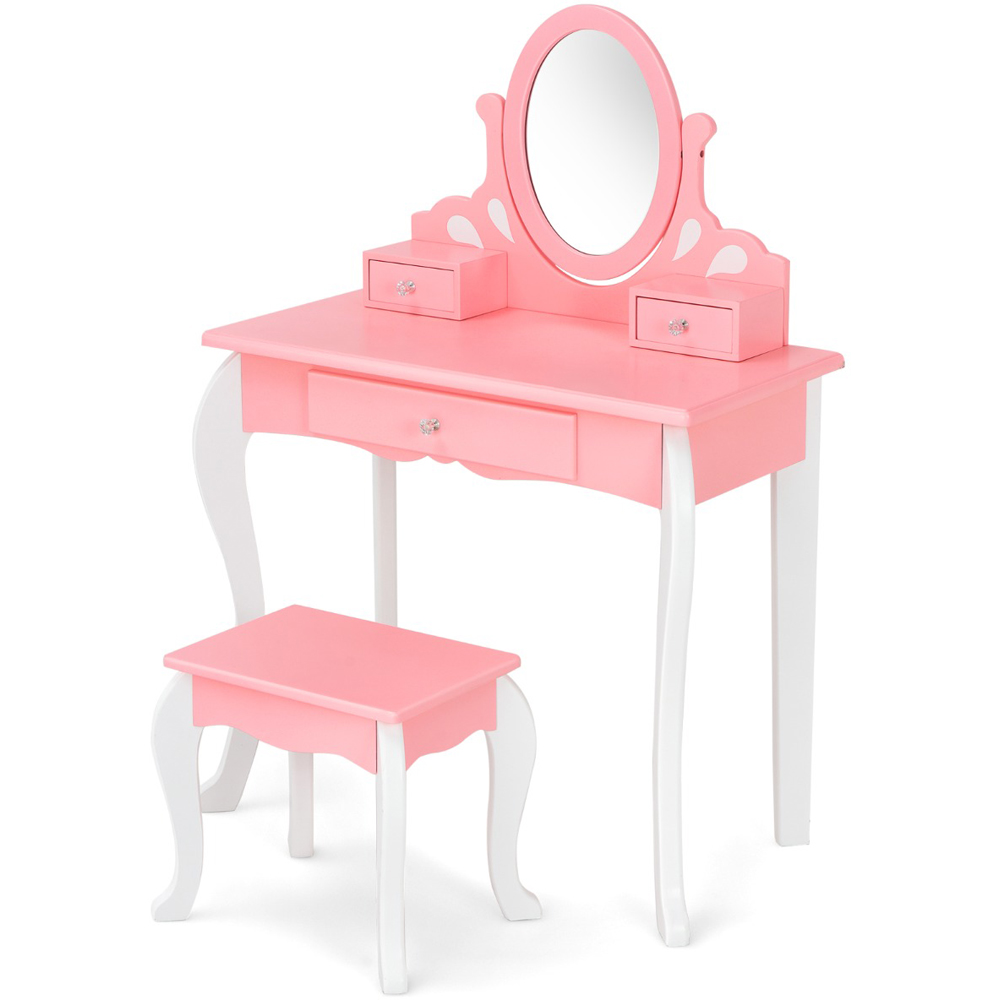 Costway Kids Pink Vanity Table and Chair Set with Rotatable Mirror Image 2