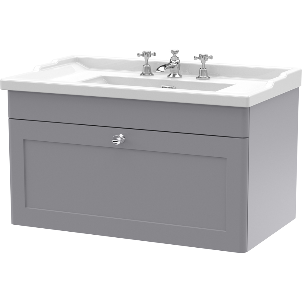 nuie Classique Single Drawer Satin Grey Wall Hung Unit and 3 Tap Hole Fireclay Basin 800mm Image 1