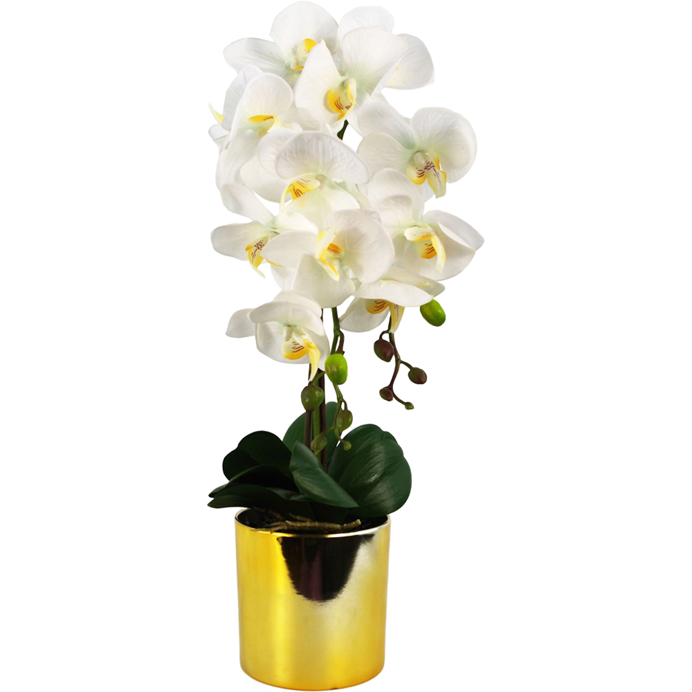 Leaf Large White Orchid Artificial Plant with Gold Pot 52cm Image 1