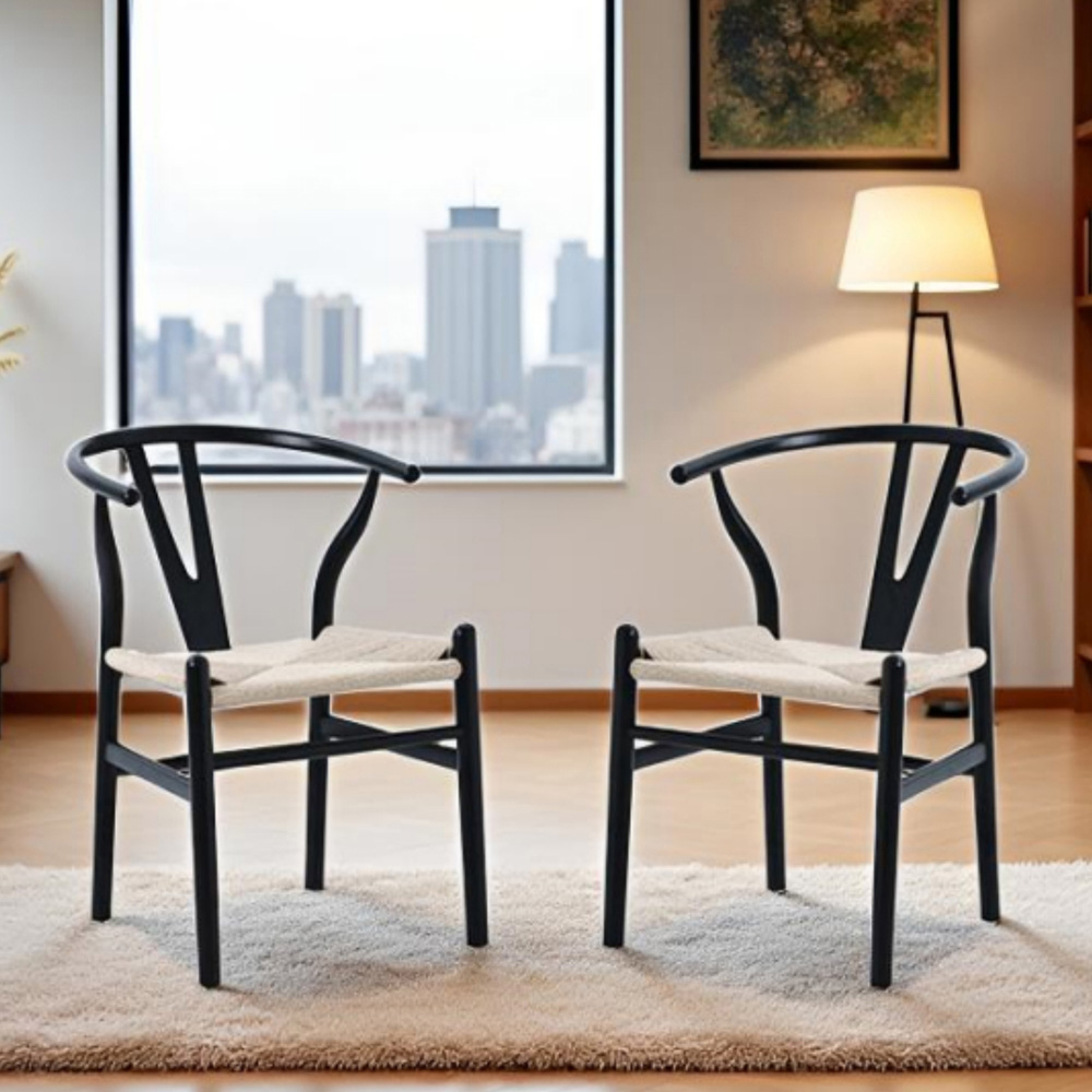 Furniture One Set of 2 Black Rattan Ash Solid Wood Y-Shaped Dining Chair Image 7