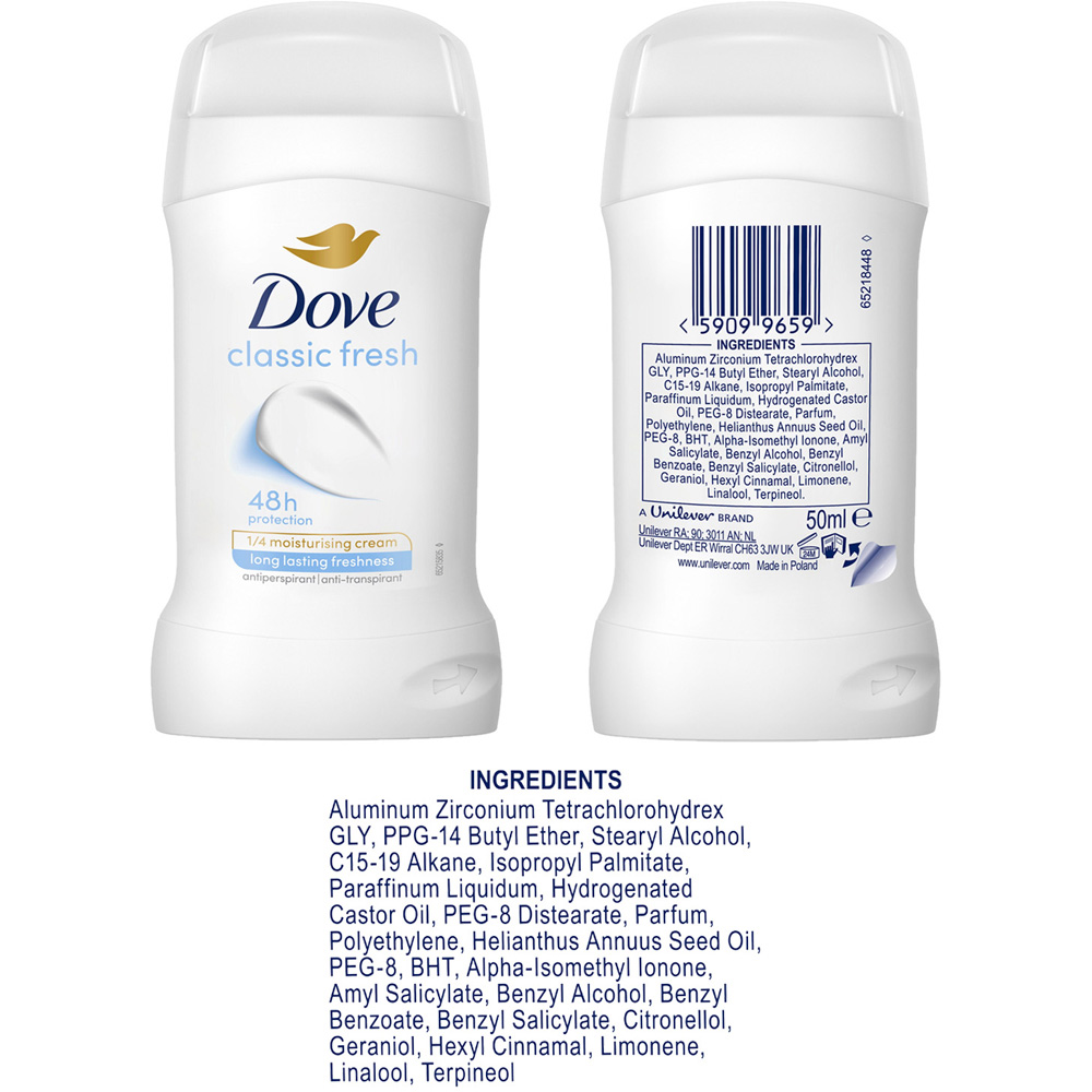 Dove Classic Women 48H Sweat Protection Anti-Perspirant Deo Stick 50ml 6 Pack Image 7