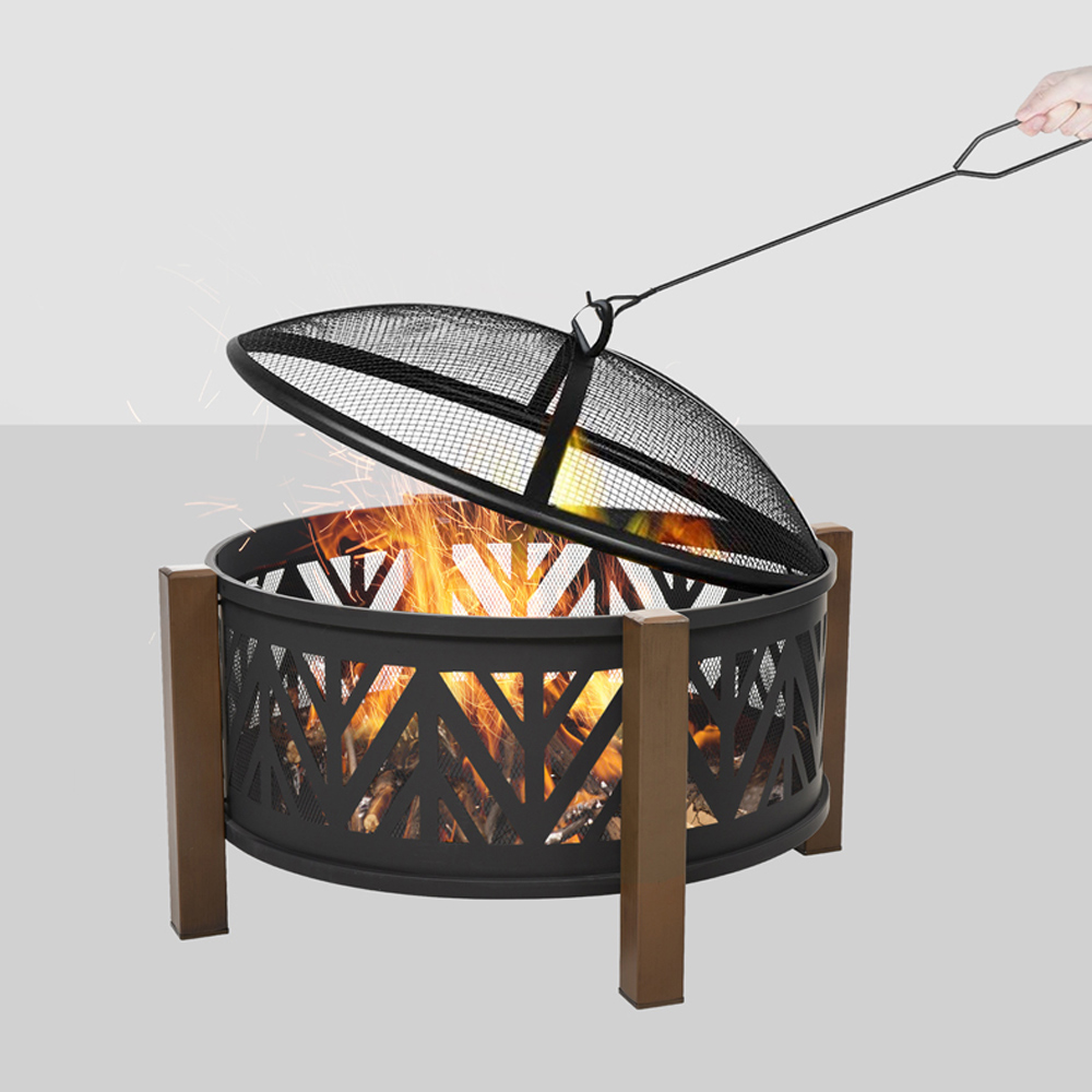 Outsunny Steel Fire Pit BBQ with 4 Side Feet, Poker and Mesh Lid Image 5
