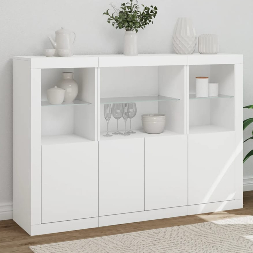 vidaXL 4 Door 6 Shelf White LED Sideboard 3 Piece Image 1