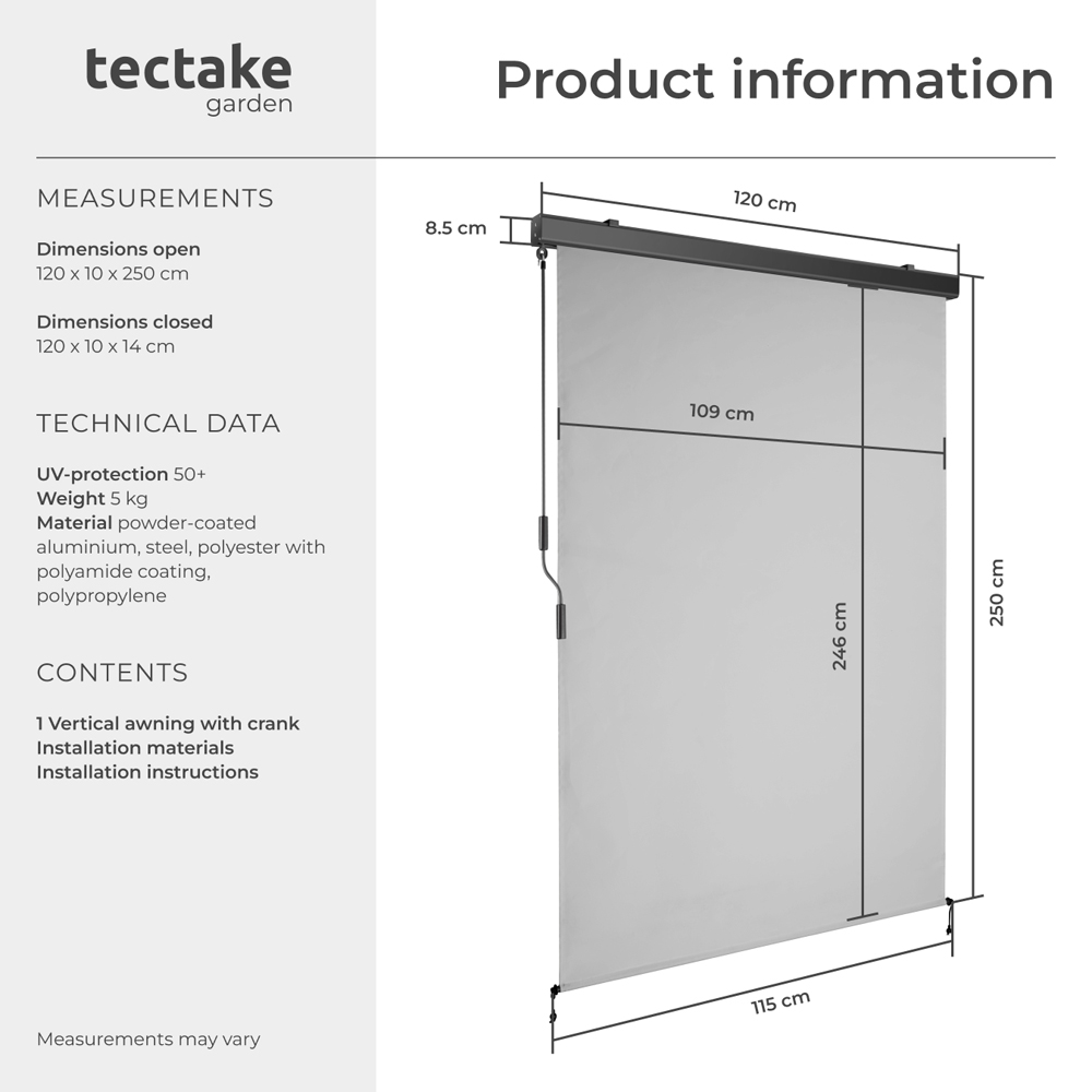 tectake Eloise Light Grey Vertical Awning with 2 Wall Brackets 1.2 x 2.5m Image 8