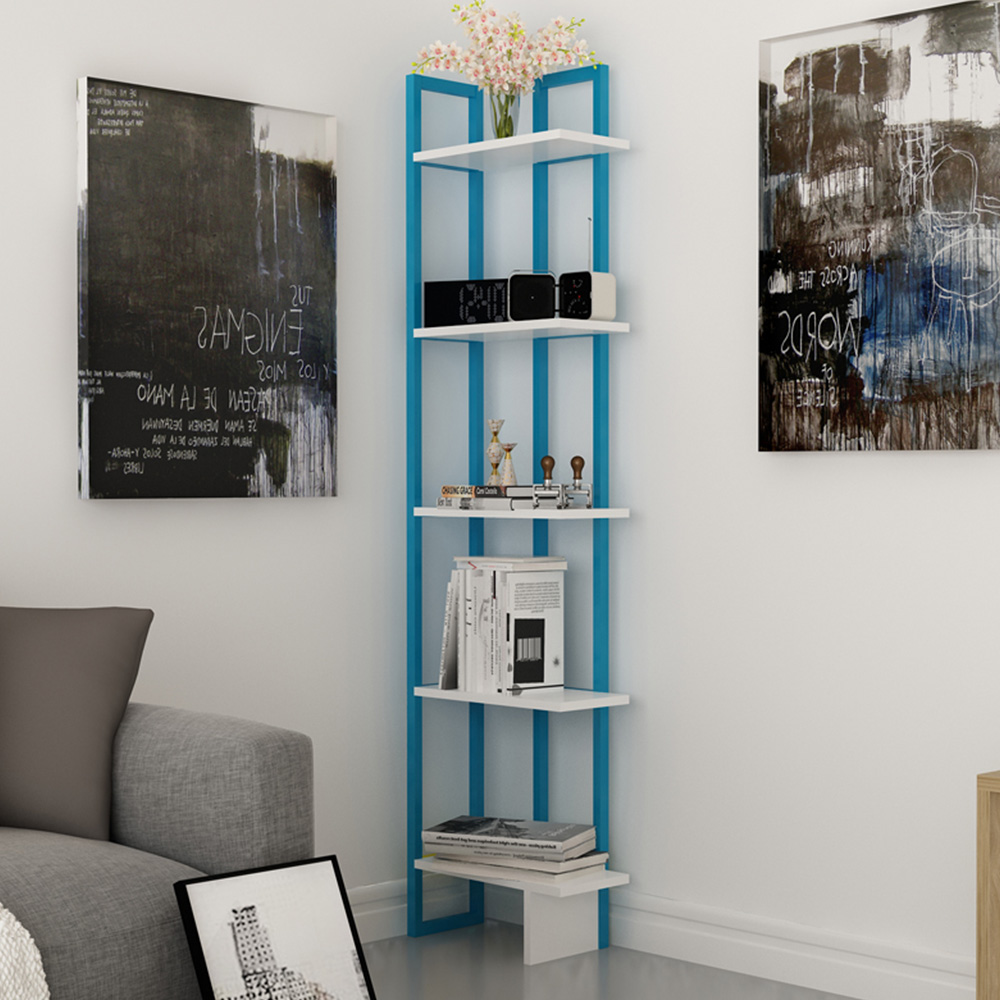 Decorotika Alice 5 Shelf White and Blue Corner Bookcase Image 1