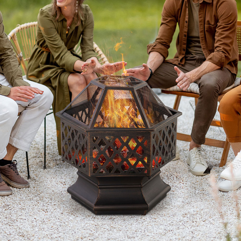 Outsunny Diamond Pattern Hexagonal Fire Pit with Poker and Mesh Lid Image 2