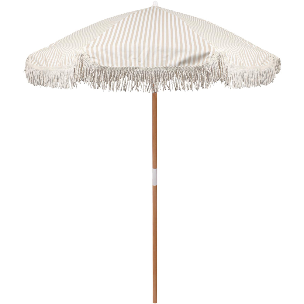 Harbour Housewares Beige Stripe Wooden Garden Parasol with Tassel Fringe 1.4m Image 1