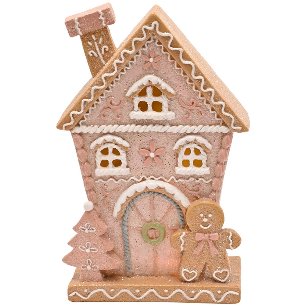 The Seasonal Gift Co. Santa and Friends Pink Gingerbread House LED Christmas Decoration 22cm Image 2