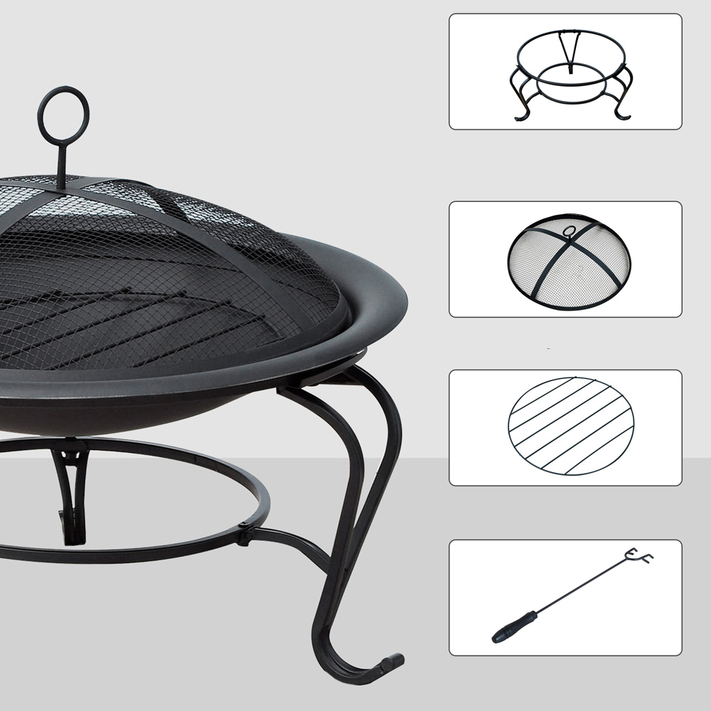 Outsunny Round Wood Fire Pit with Mesh Cover and Poker Image 7