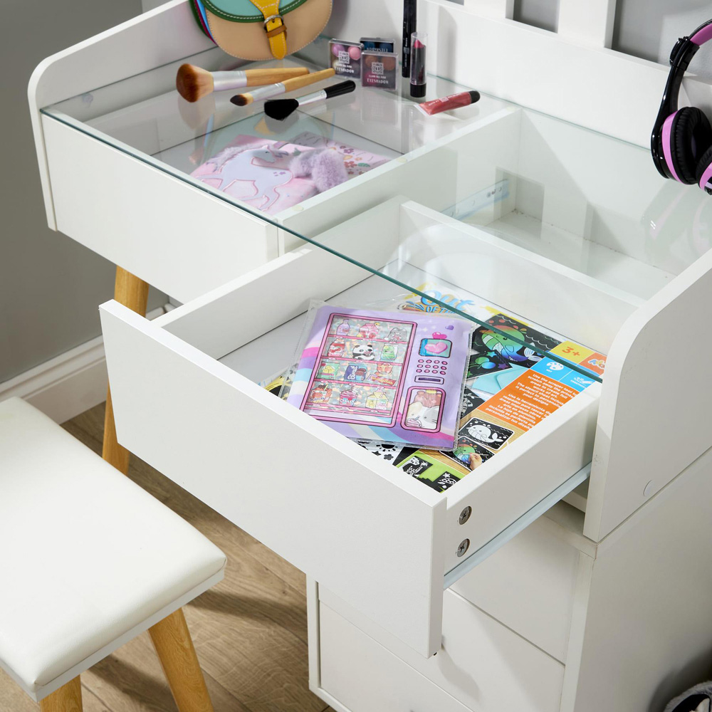Home Source Nova 5 Drawer White Vanity Table and Cushioned Stool Set with LED Mirror Image 2