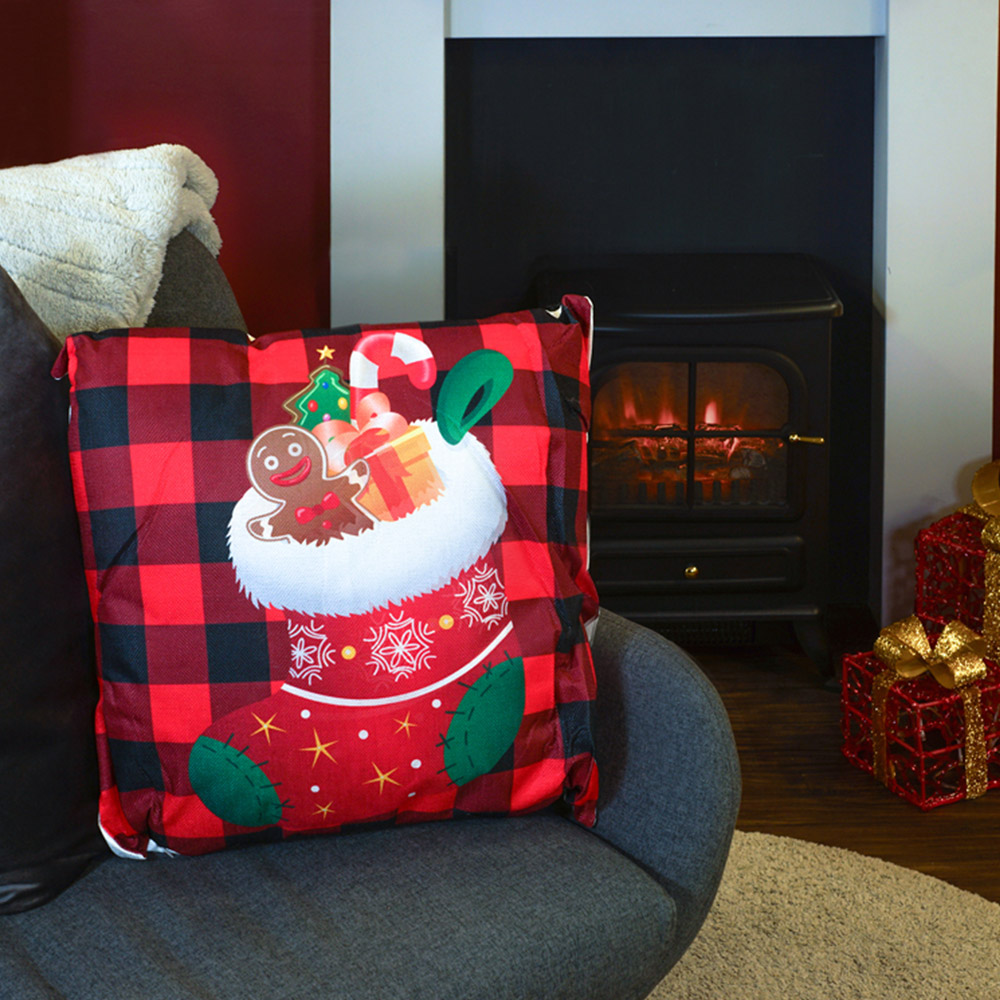 Xmas Haus Christmas-Themed Red Check Stocking Cushion 45 x 45cm Image 2