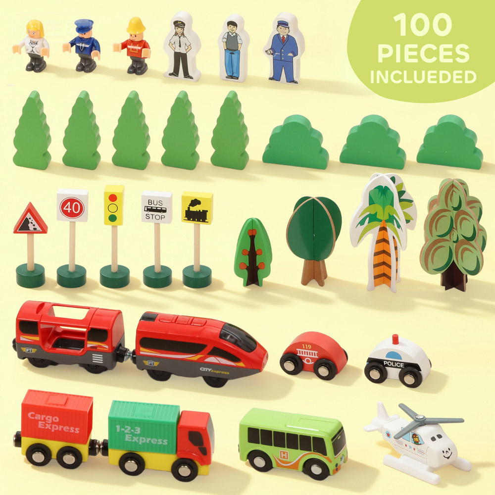 Tommy Toys AIYAPLAY 100 Piece Wooden Toy Train Set with Crane Image 5