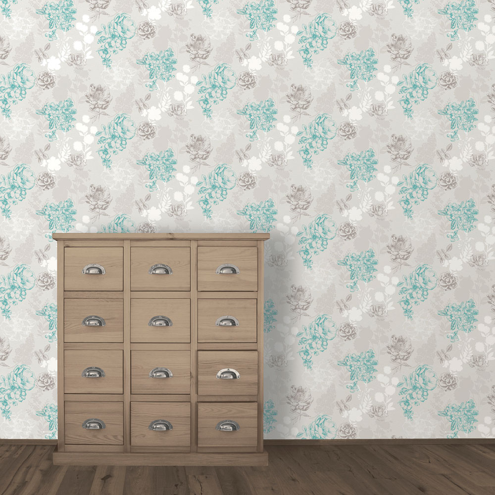 Muriva Mila Floral Chocolate and Teal Wallpaper Image 3