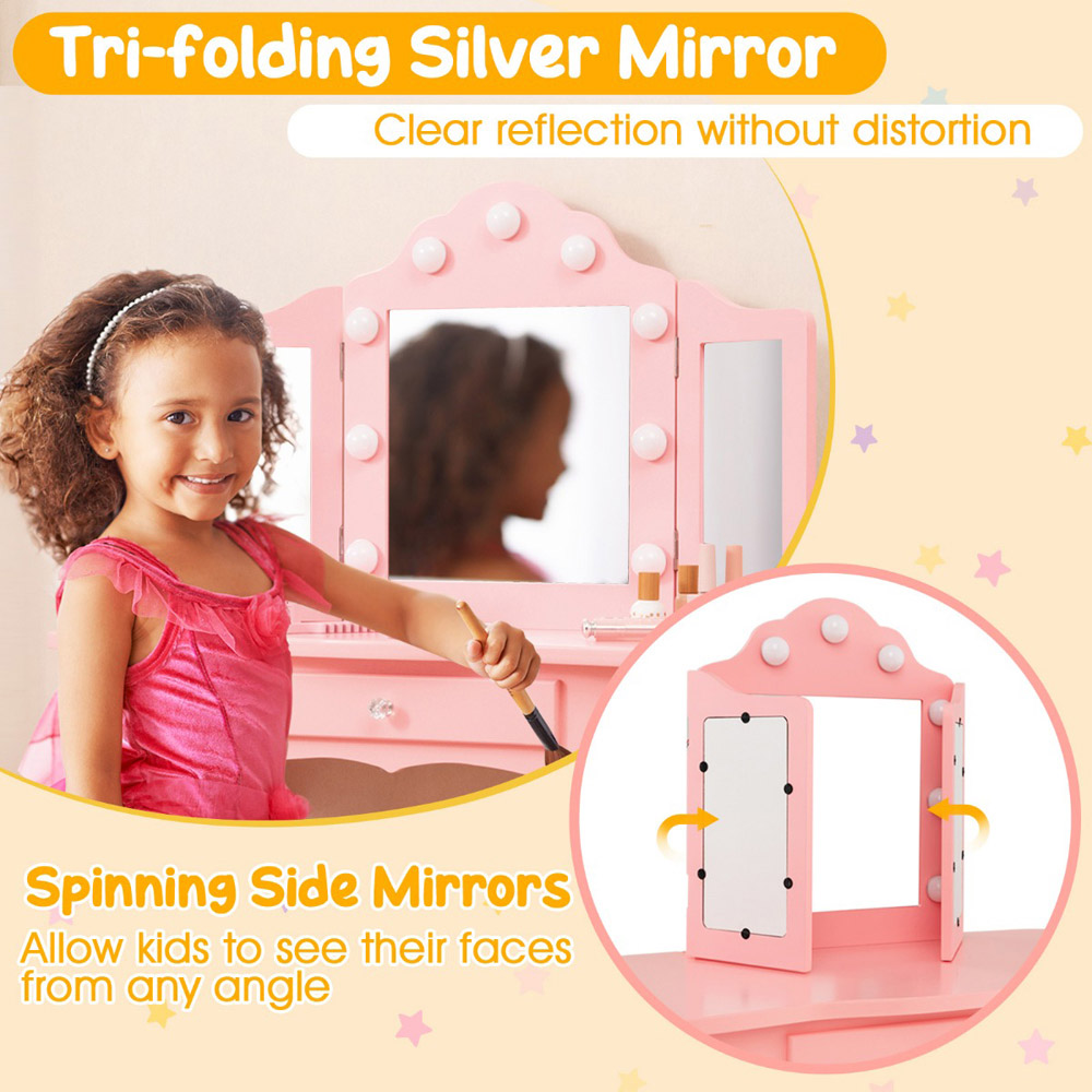 Costway Kids Pink Vanity Table and Stool Set with Tri Folding Mirror Image 8