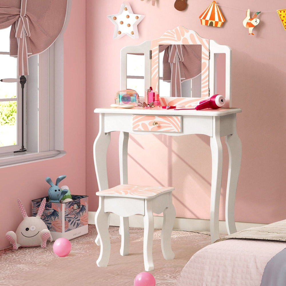 Costway Single Drawer Kids Pink Zebra Print Vanity Table and Stool Set with Mirror Image 3
