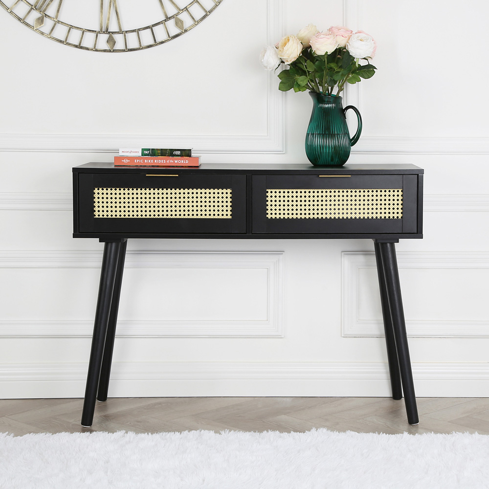 Craven 2 Drawer Black Console Table with Cane Front Image 5