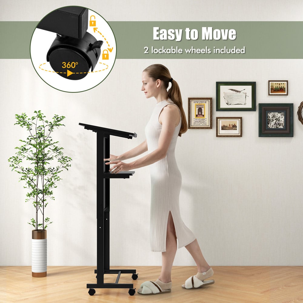 Costway Black Adjustable Rolling Podium Stand with Tilted Tabletop Image 6