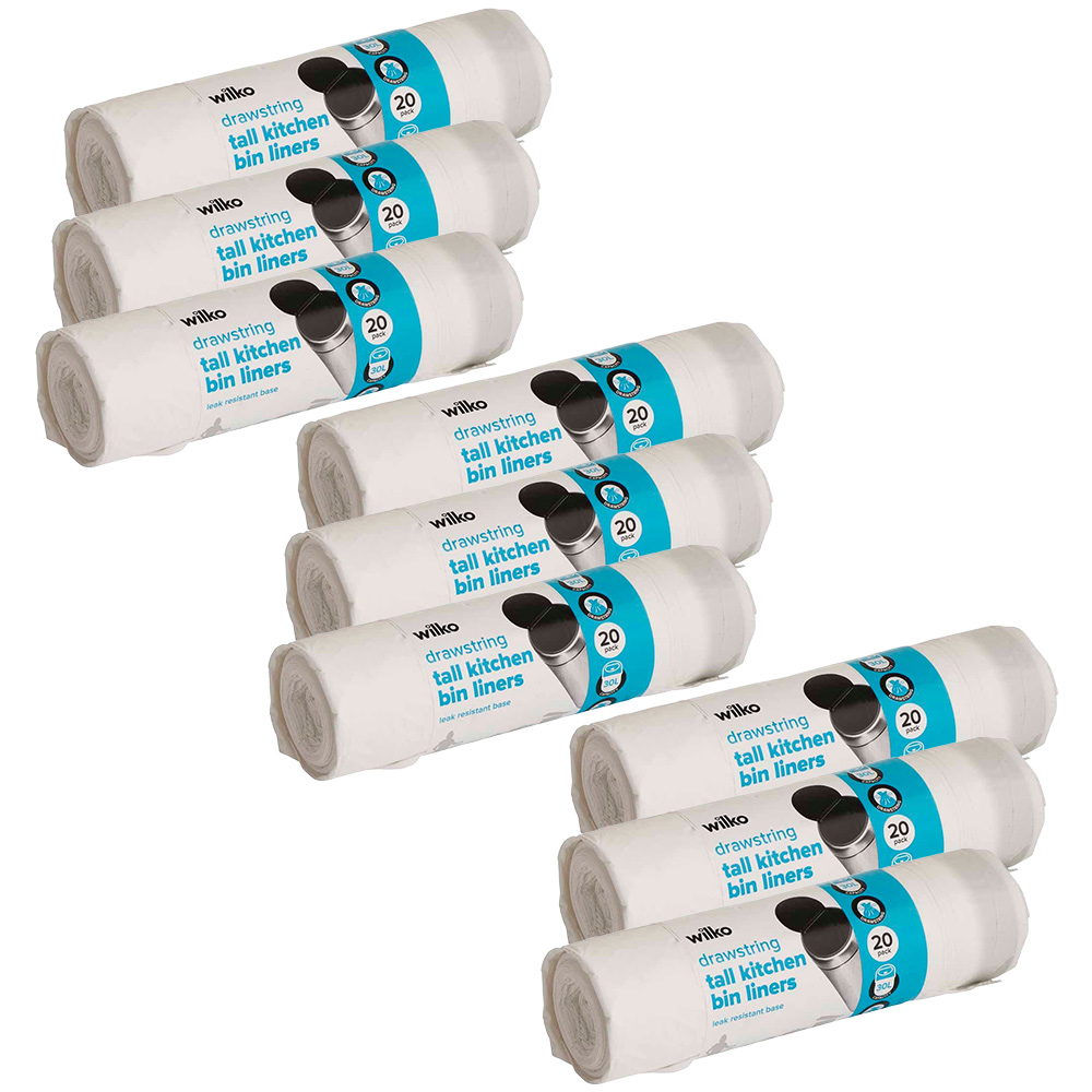 Wilko Drawstring 30L Kitchen Bin Liners White Case of 9 x 20 Pack Wilko