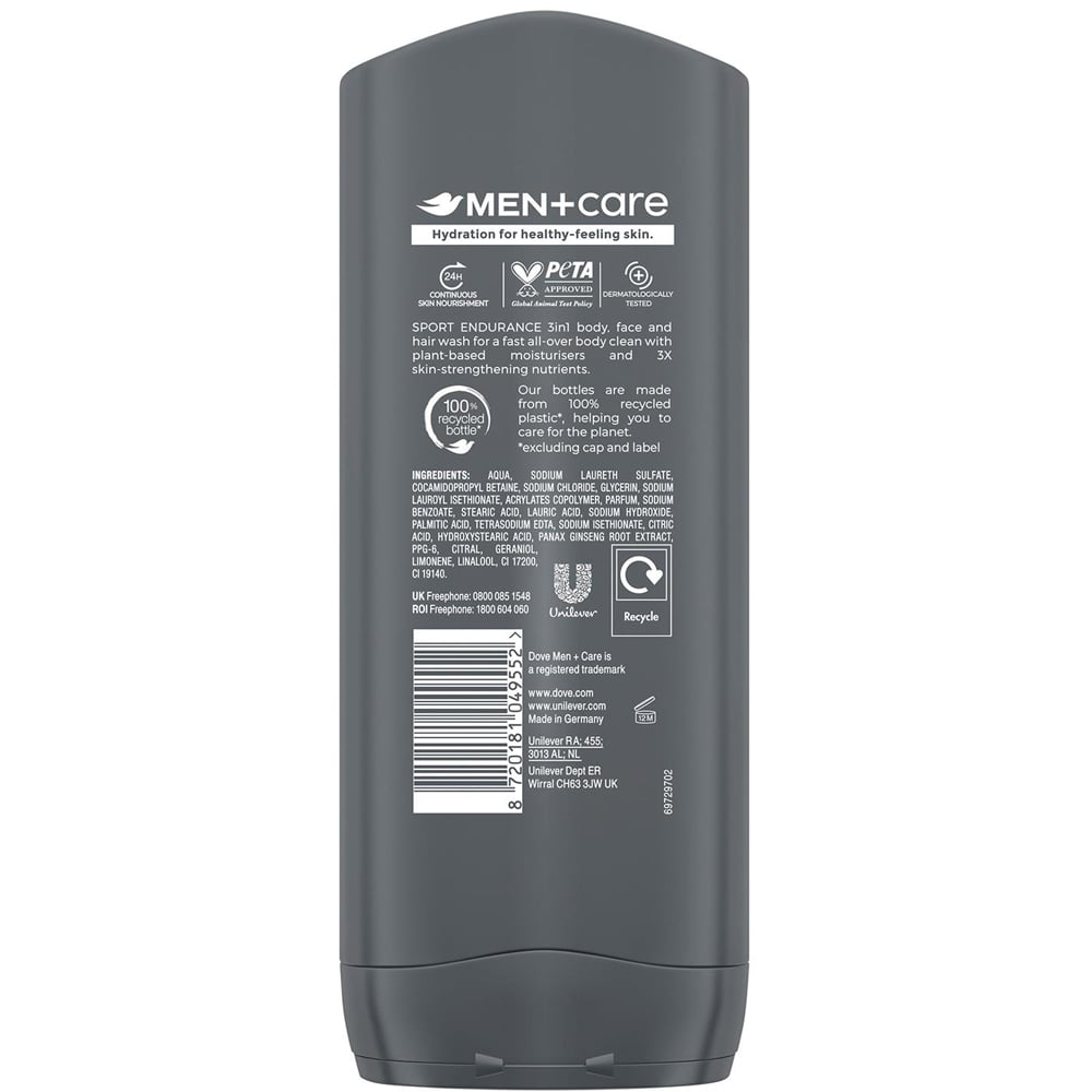 Dove Men + Care Hair 3 in 1 Endurance Micro Moisture Face and Body Wash 400ml 3 Pack Image 3