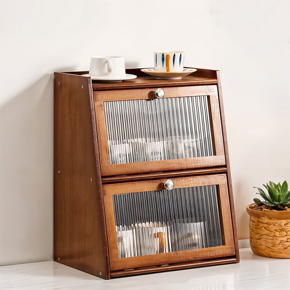 Living and Home 2 Door Single Shelf Brown Bamboo Bread Storage Cabinet Image 8
