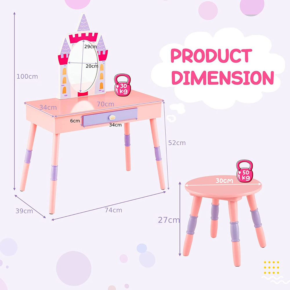 Costway Single Drawer Kids Princess Dressing Table and Stool Set with Mirror Image 3