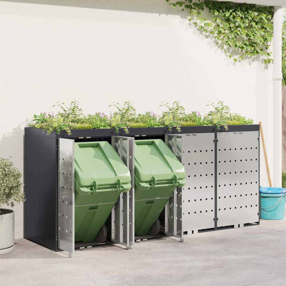 vidaXL Anthracite 4 Wheelie Bin Storage Shed with Stainless Steel Door and Planter Roof Image 2