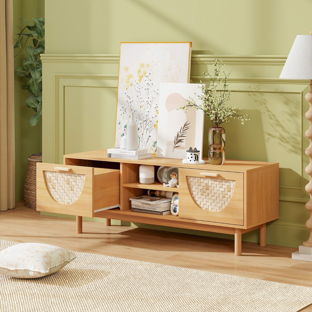 Costway 2 Drawer 2 Shelf Natural Bamboo Woven TV Unit Image 4