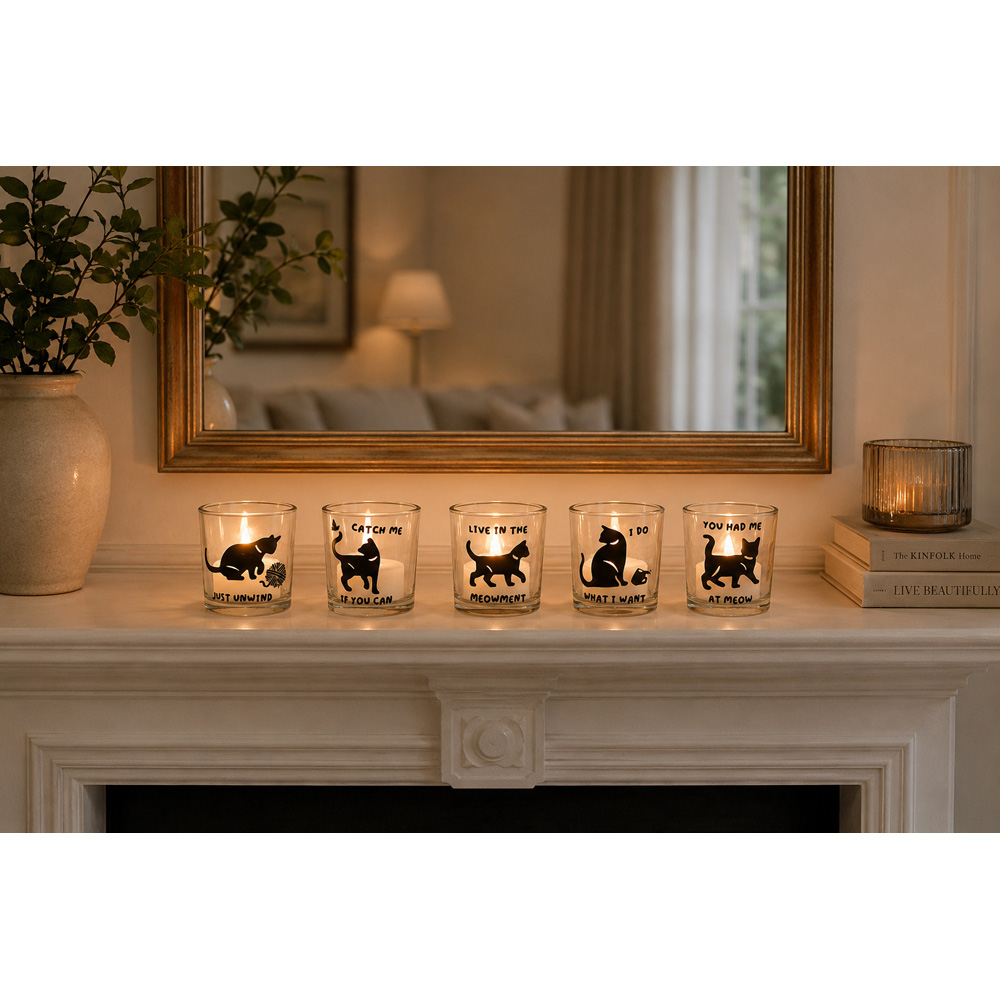 Avilo Cat Glass Candle Holder with LED Tealights 5 Pack Image 4