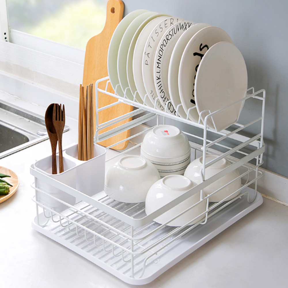 Livingandhome 2 Tier Dish Drainer Dish Drying Rack with Cutlery Holder