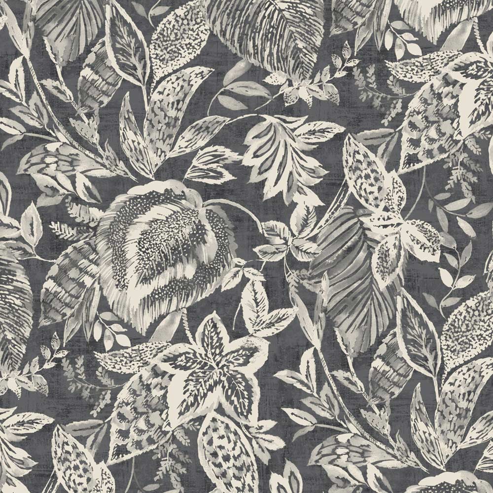 Grandeco Mae Jungle Leaves Charcoal Black Wallpaper Image 1