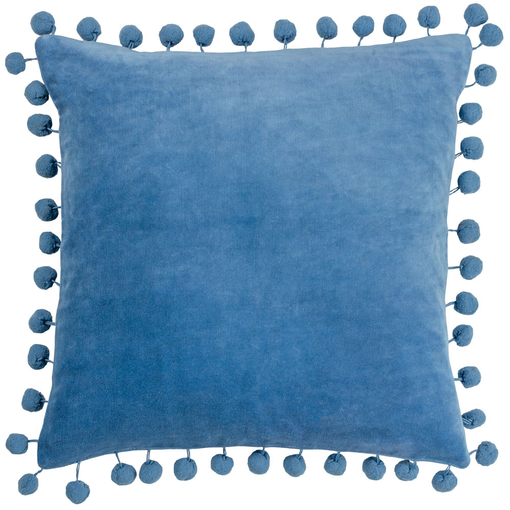 furn. Dora Square Sky Blue Velvet Pom Pom Cushion Image 1