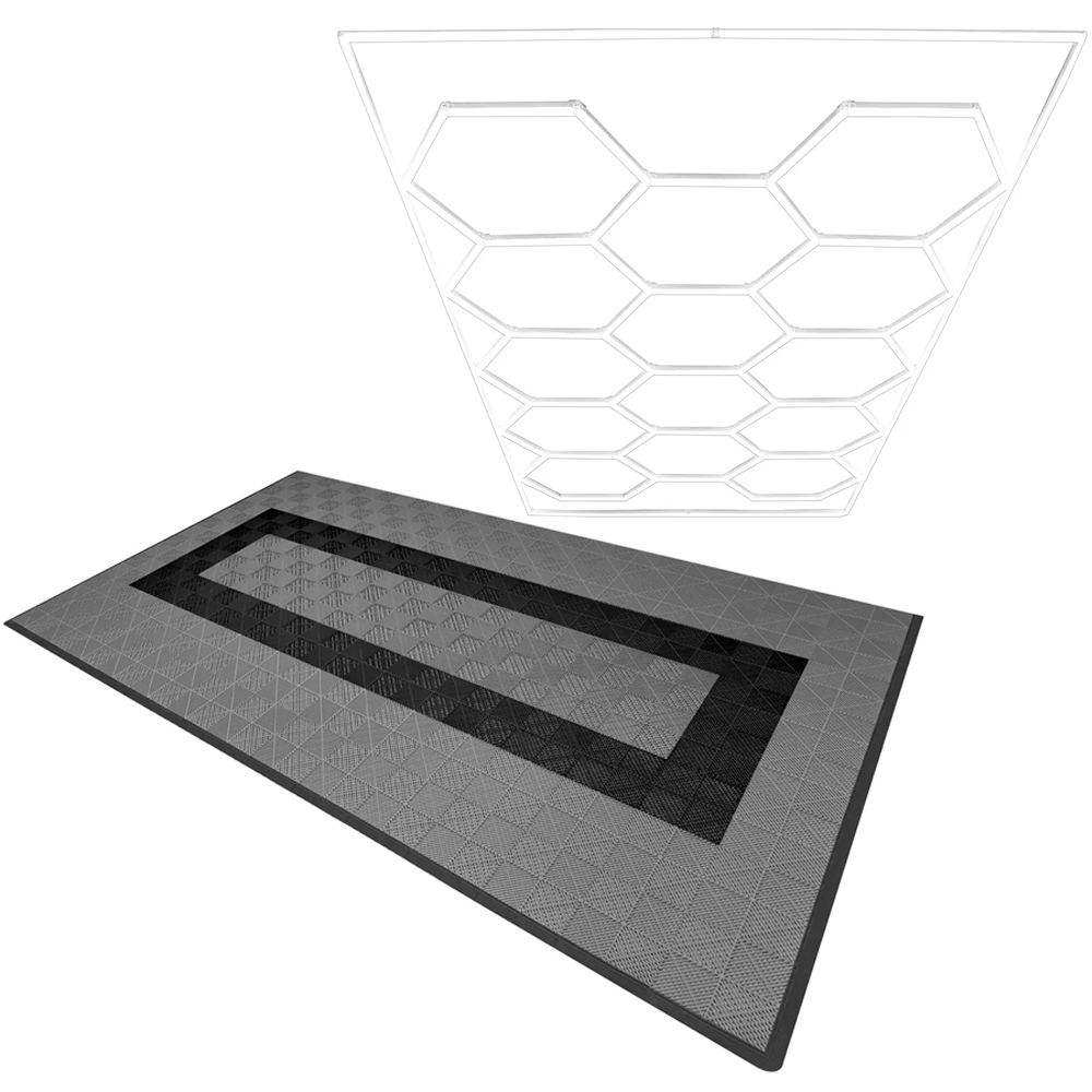 MonsterShop 90 Grey and 30 Black Vented Garage Floor Tiles with Edges and 14 Hexagon LED Light Image 1