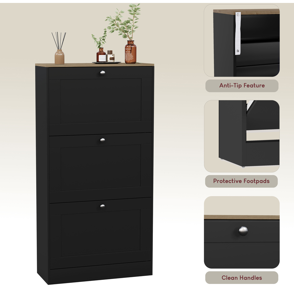 VIDA DESIGNS 3 Drawer Black and Oak Effect Shoe Cabinet Image 8