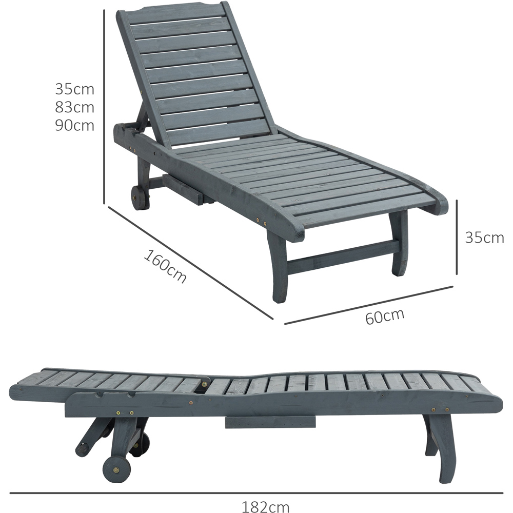 Outsunny Grey Wooden Sun Lounger with Pull Out Table Image 9