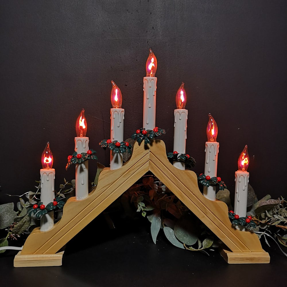 Premier 7 Flickering Warm White LED Wood Finish Christmas Candle Bridge Image 5